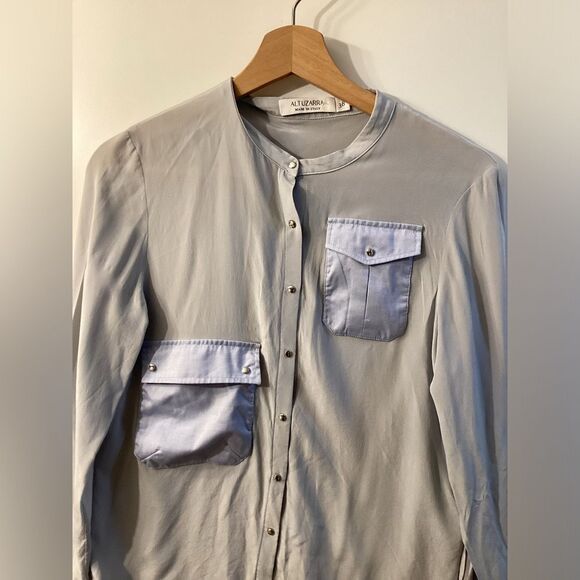 Altuzarra Silk Light Blue Button-Down Blouse Front Pockets Size 6 - Picture 5 of 11